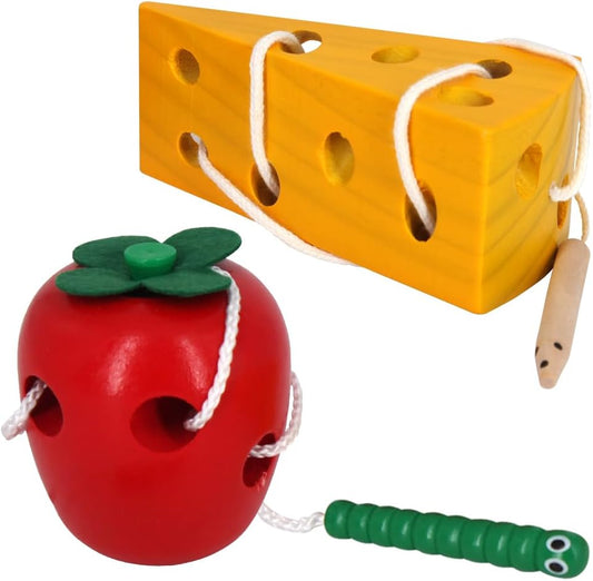 juguetes de madera con cordones, actividades Montessori