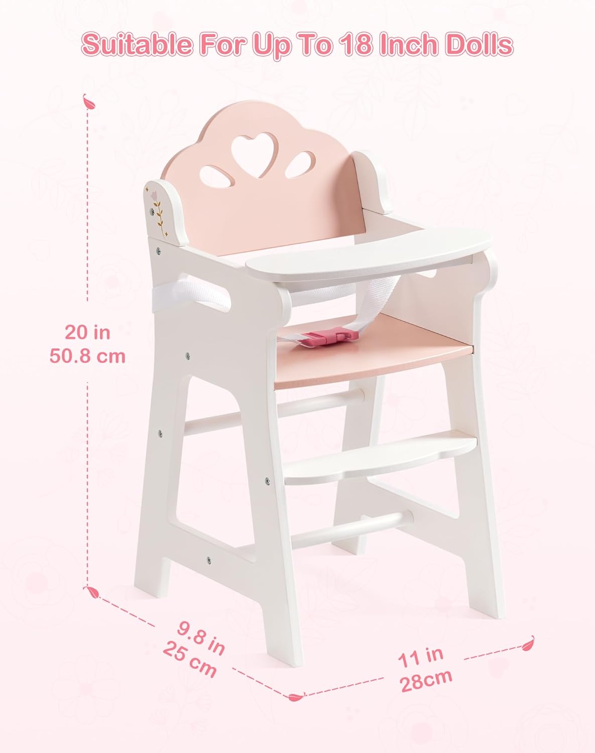 Silla alta de juego de simulación con cinturón de seguridad, se adapta a muñecas de 18 a 20 pulgadas