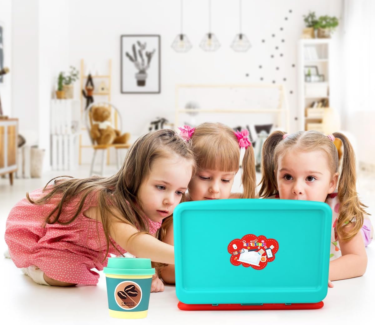 Toy Laptop Set - Toddler Pretend Work Station Set Office Play, Kids Work Toys from Home Office, Package Includes Fake Laptop, 4 Velcro App Stickers, Toy Cell Phone, Coffee Cup, and Headset Ages 3 & Up