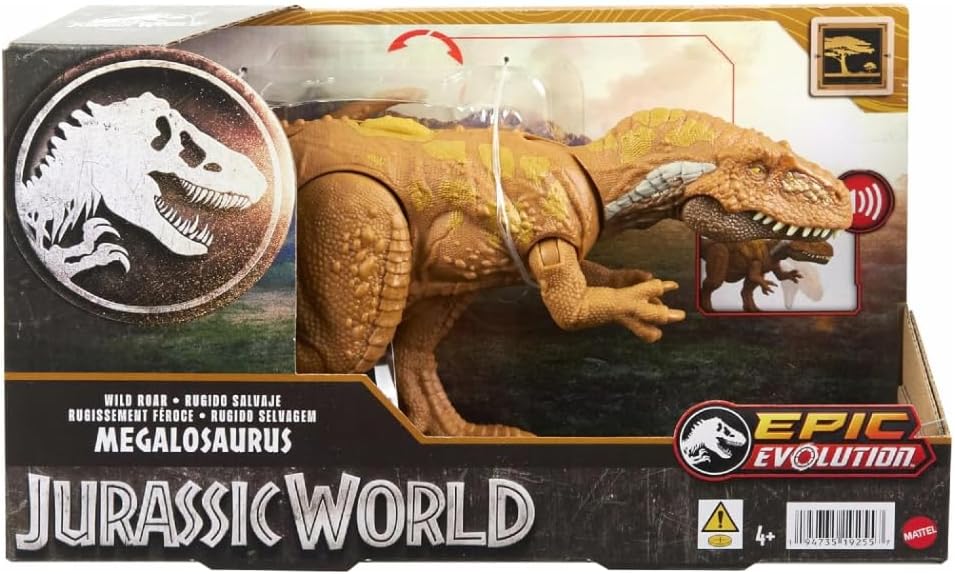 Mattel Jurassic World - Figura de dinosaurio Megalosaurus Wild Roar con sonido de rugido continuo y acción de ataque