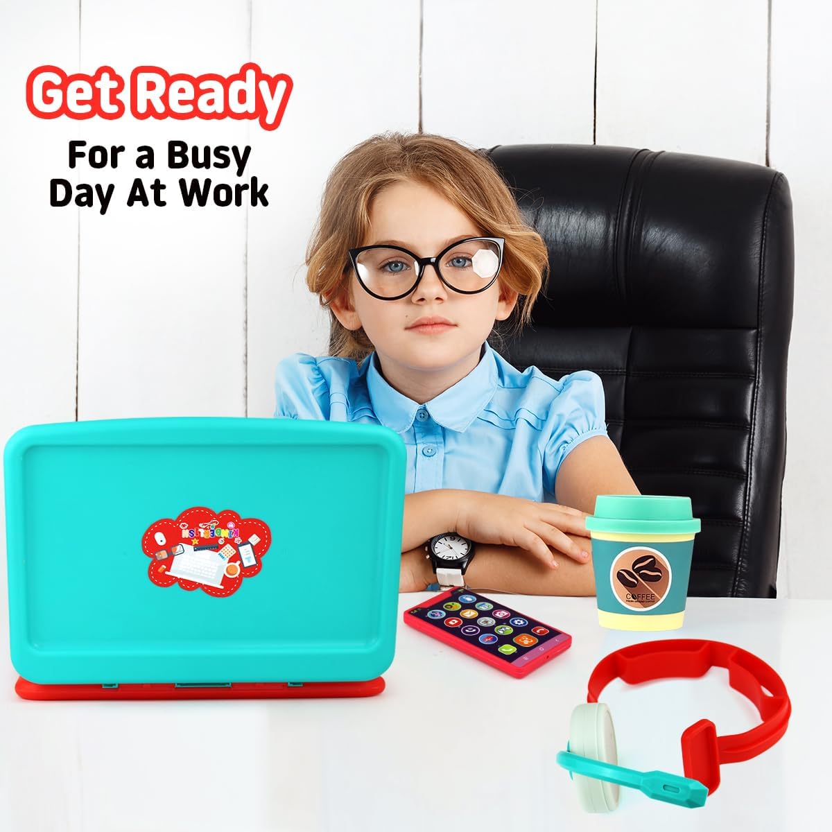 Toy Laptop Set - Toddler Pretend Work Station Set Office Play, Kids Work Toys from Home Office, Package Includes Fake Laptop, 4 Velcro App Stickers, Toy Cell Phone, Coffee Cup, and Headset Ages 3 & Up