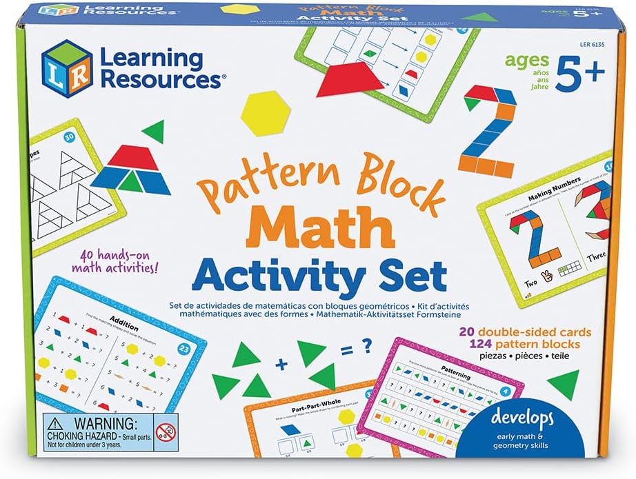 Learning Resources Juego de actividades matemáticas de bloques de patrones, juegos de matemáticas para niños, juegos educativos, matemáticas preescolares, Montessori, 144 piezas, a partir de 5 años