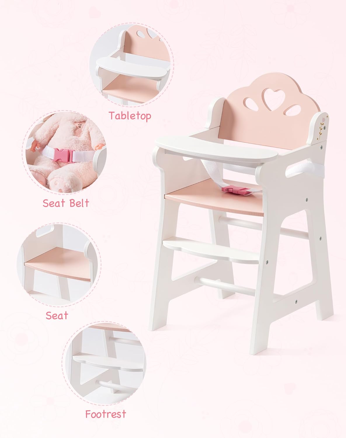 Silla alta de juego de simulación con cinturón de seguridad, se adapta a muñecas de 18 a 20 pulgadas