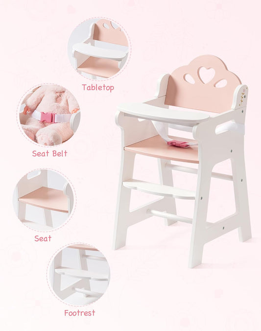 Silla alta de juego de simulación con cinturón de seguridad, se adapta a muñecas de 18 a 20 pulgadas