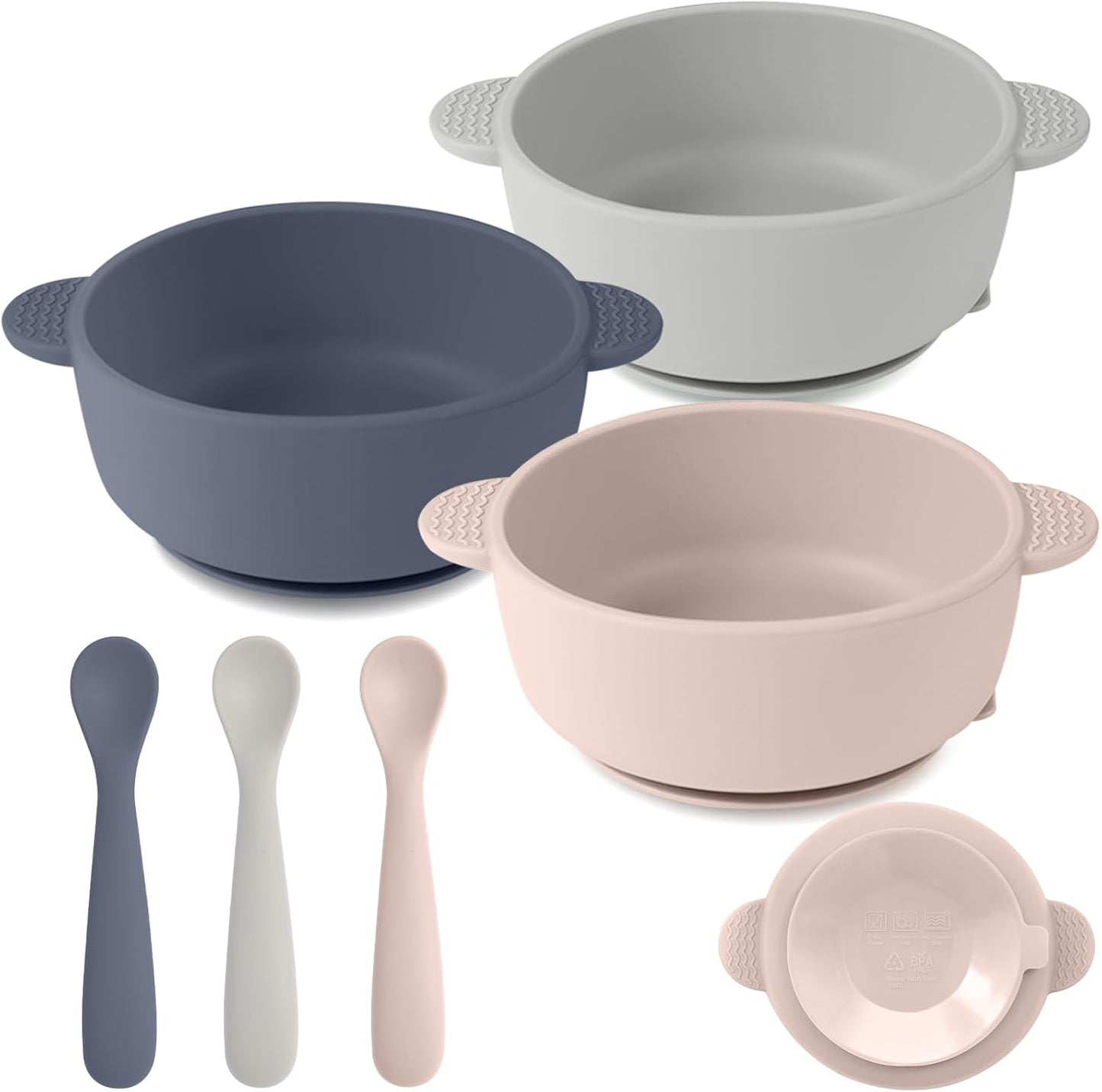 Paquete de 3 cuencos para bebés con succión y 3 cucharas