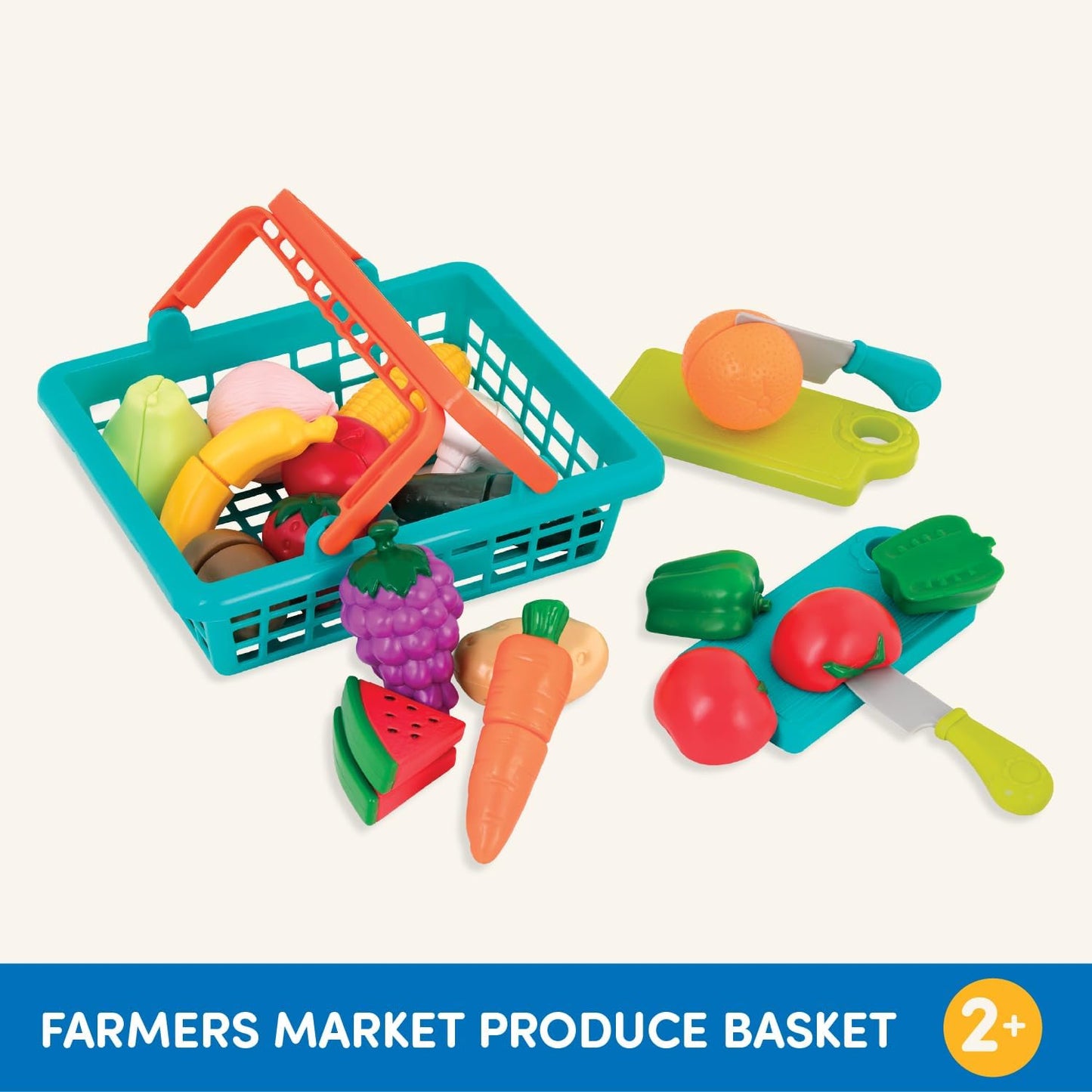 Battat Farmers Market Pretend - Juego de juguetes de frutas y vegetales para comer y cortar (37 piezas)