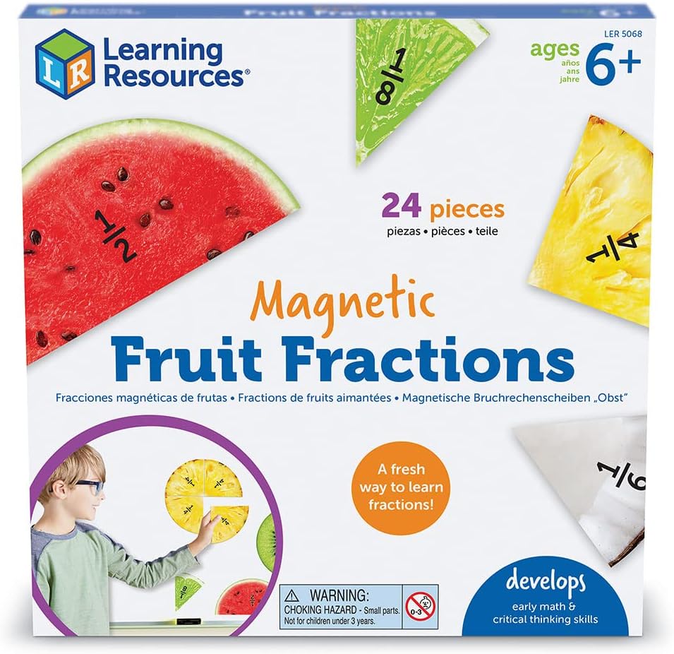 Learning Resources Fracciones magnéticas de frutas, aprendizaje de números para matemáticas infantiles, matemáticas Montessori, juegos para niños, juegos educativos para interiores, 24 piezas