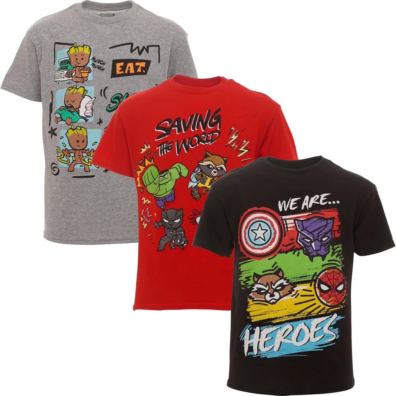 Avengers Spider-Man Spider-Verse Spidey and His Amazing Friends 3 Pack T-Shirts Toddler to Big Kid Sizes (2T - 18-20)
