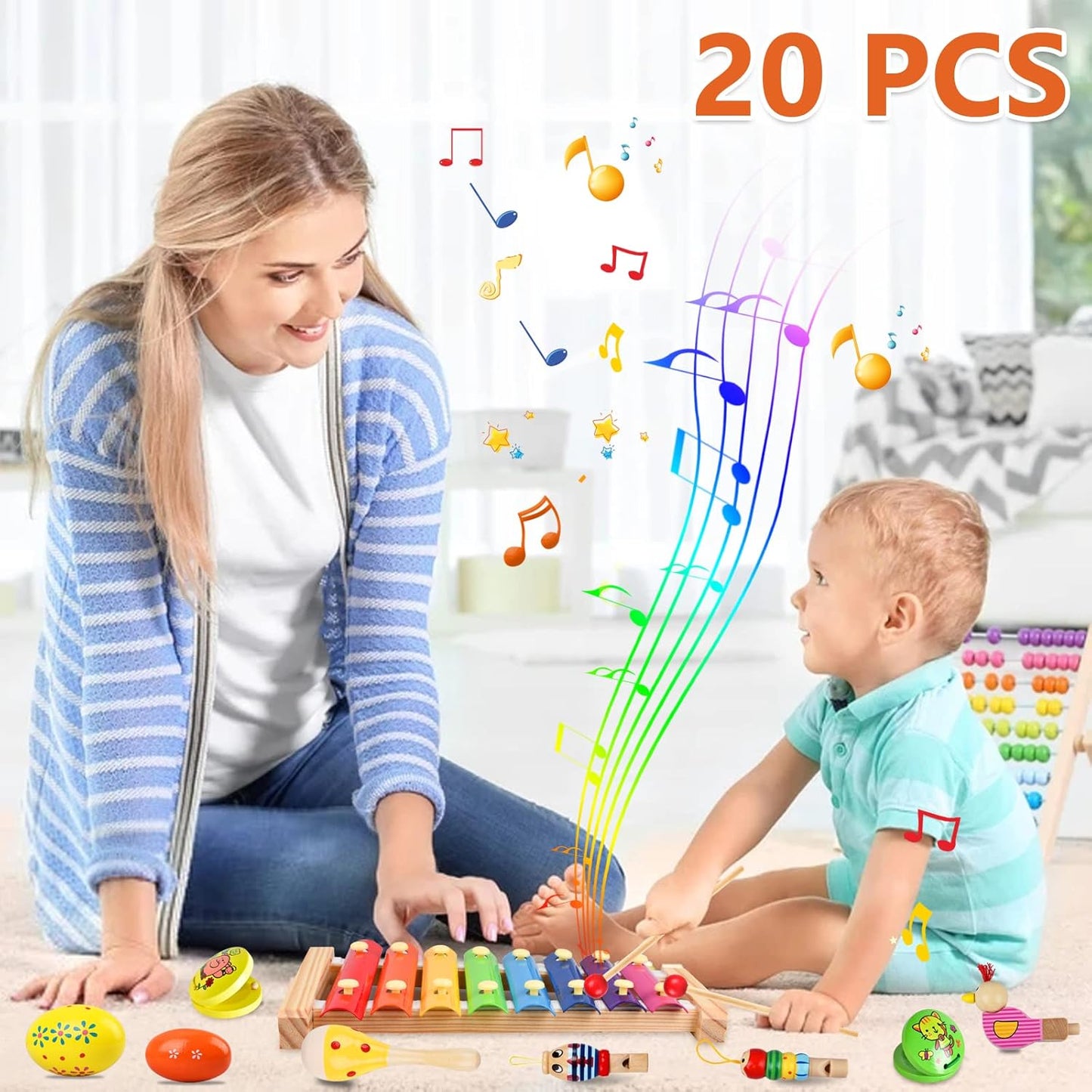 Juego de instrumentos musicales para niños, 20 piezas de agitadores de madera, instrumentos de percusión, pandereta, juguetes de xilófono