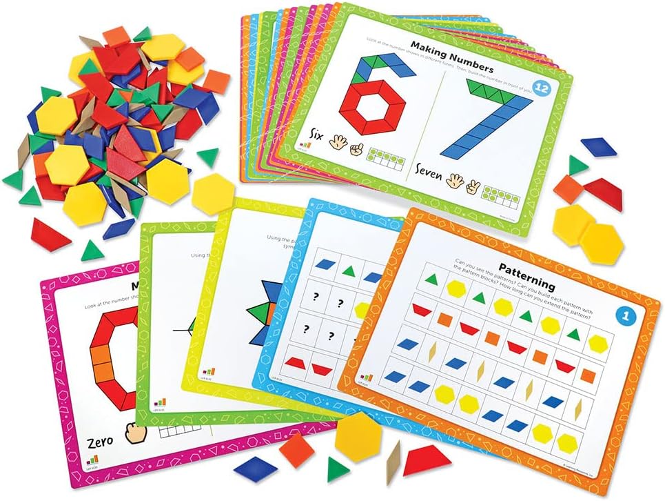 Learning Resources Juego de actividades matemáticas de bloques de patrones, juegos de matemáticas para niños, juegos educativos, matemáticas preescolares, Montessori, 144 piezas, a partir de 5 años