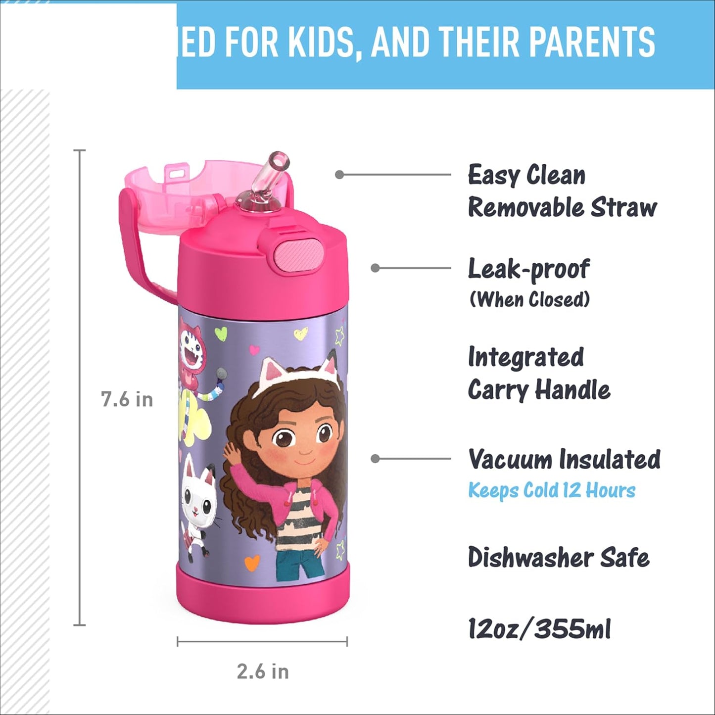 THERMOS FUNTAINER - Botella de agua de acero inoxidable Gabby’s Dollhouse