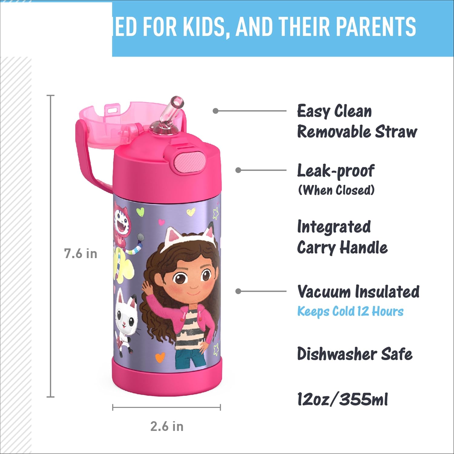 THERMOS FUNTAINER - Botella de agua de acero inoxidable Gabby’s Dollhouse