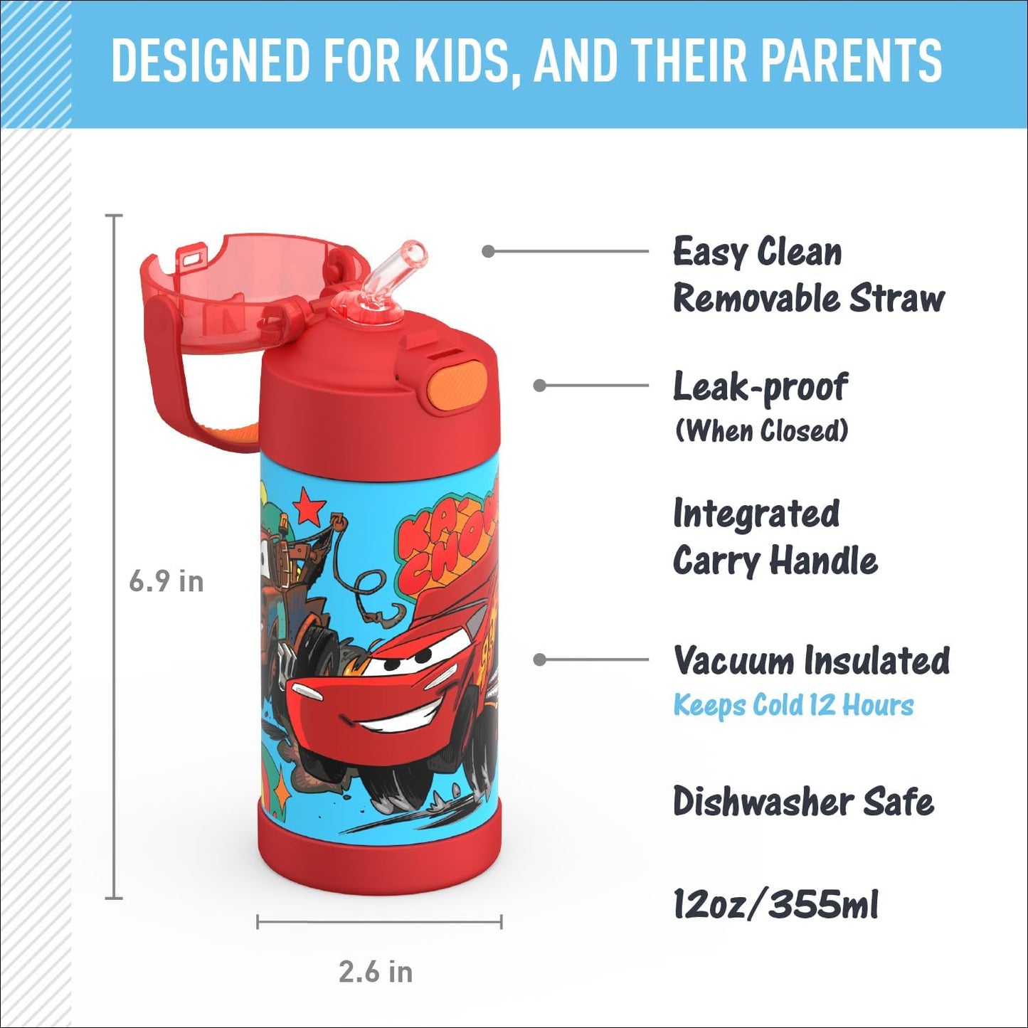 THERMOS FUNTAINER - Botella de agua con pajilla, 12 onzas
