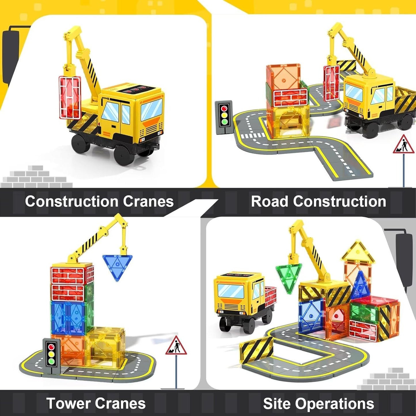 Juego de construcción de azulejos magnéticos con grúa, piezas de carretera y bloques magnéticos de camión, juguetes de construcción STEM