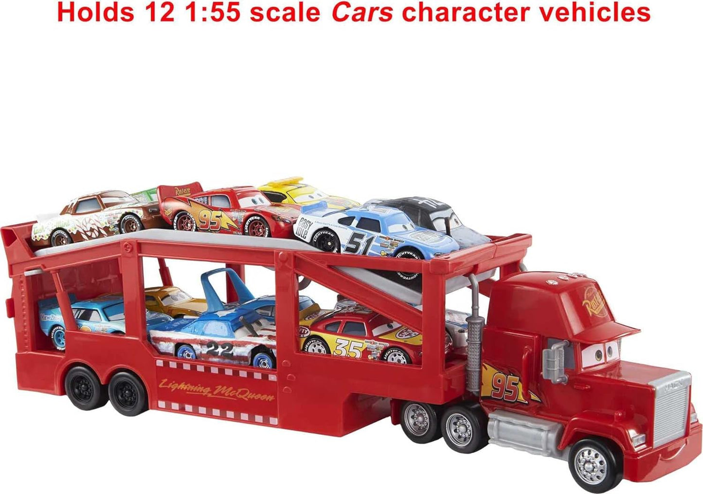 Mattel Disney and Pixar Cars Mack Hauler, camión transportador de juguetes de 13 pulgadas con rampa y almacenamiento de transporte para 12 vehículos