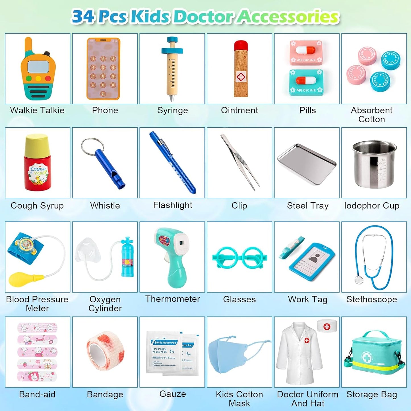 Kit médico para niños, juego de simulación de 34 piezas para niños pequeños, kit de médico para niños, con bolsa médica, estetoscopio y otros accesorios