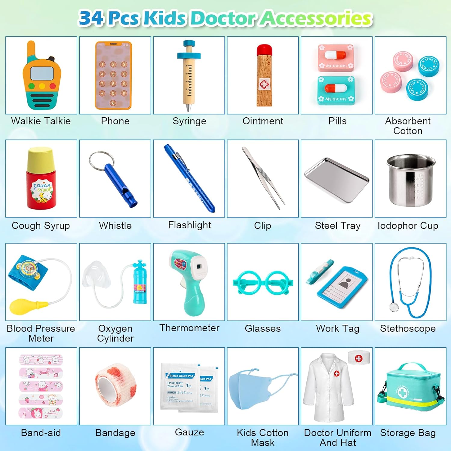 Kit médico para niños, juego de simulación de 34 piezas para niños pequeños, kit de médico para niños, con bolsa médica, estetoscopio y otros accesorios