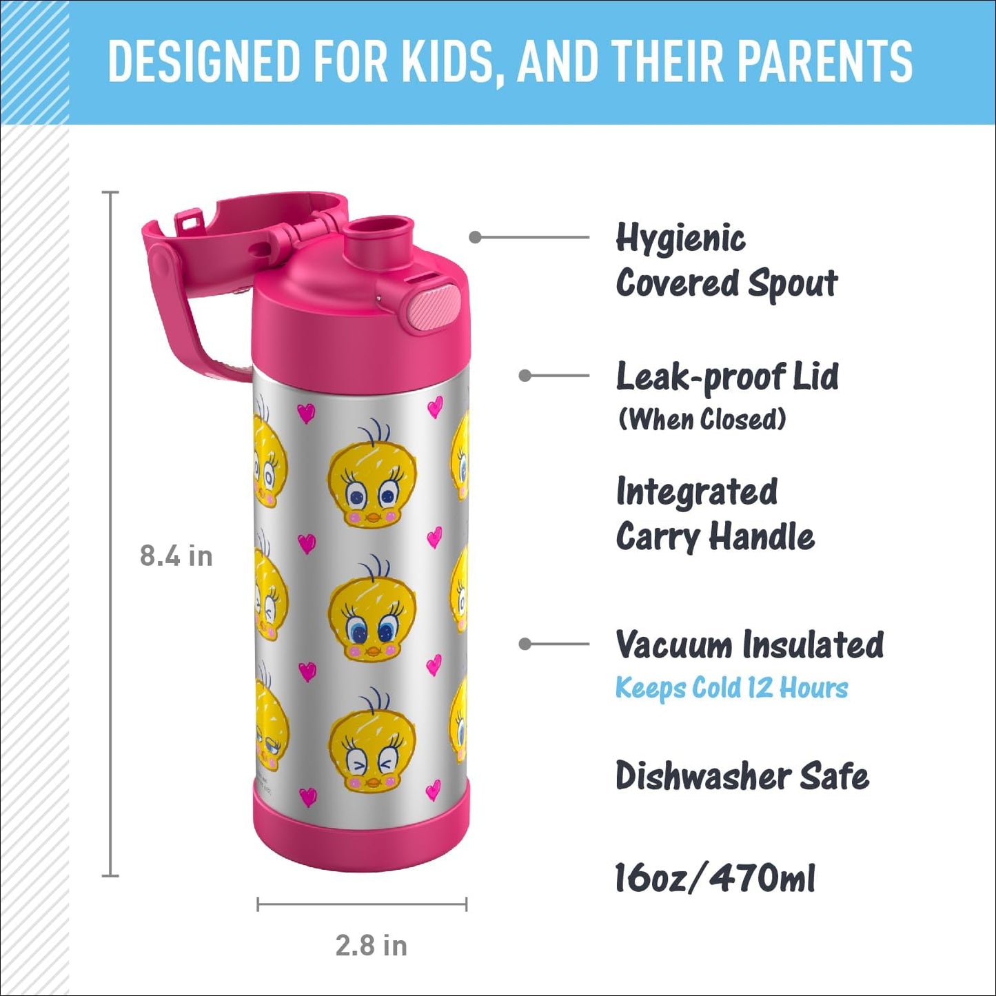 THERMOS FUNTAINER - Botella aislada al vacío de acero inoxidable de 16 onzas con tapa ancha de boquilla, LOONEY TUNES