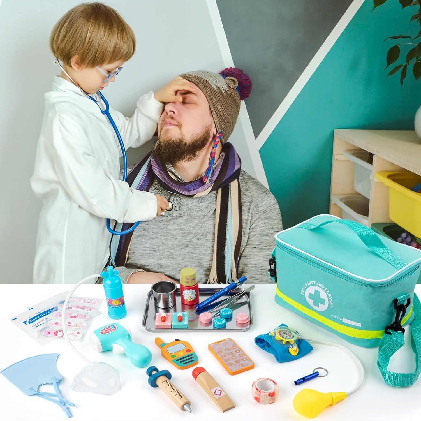 Kit médico para niños, juego de simulación de 34 piezas para niños pequeños, kit de médico para niños, con bolsa médica, estetoscopio y otros accesorios