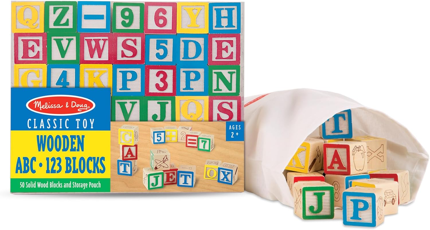 Melissa & Doug Deluxe ABC/123 Juego de bloques de 1 pulgada con bolsa de almacenamiento (50 piezas) - Letras y números/Bloques de madera clásicos ABC 