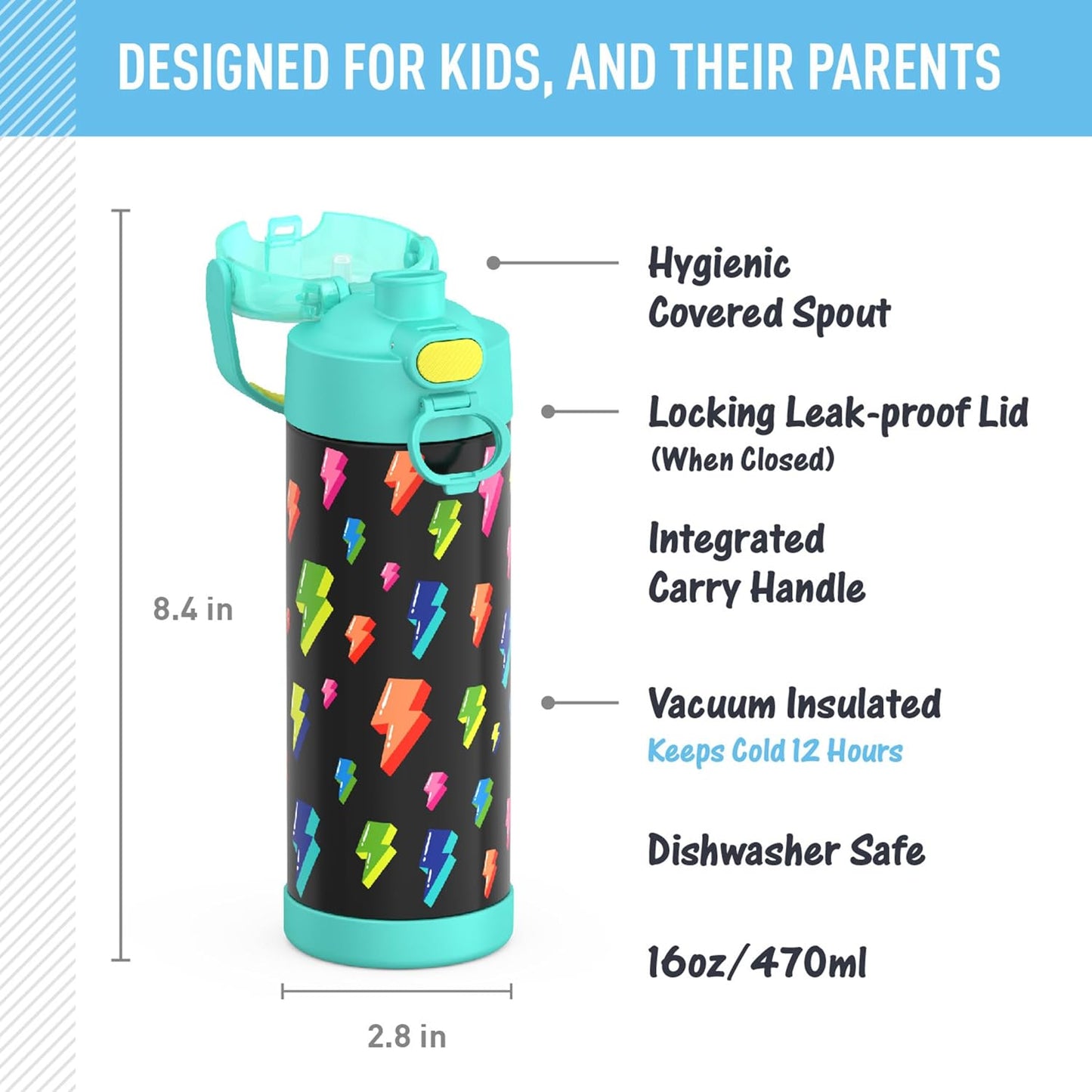 THERMOS FUNTAINER - Botella aislada al vacío de acero inoxidable de 16 onzas