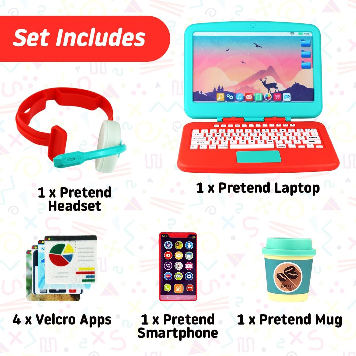 Toy Laptop Set - Toddler Pretend Work Station Set Office Play, Kids Work Toys from Home Office, Package Includes Fake Laptop, 4 Velcro App Stickers, Toy Cell Phone, Coffee Cup, and Headset Ages 3 & Up