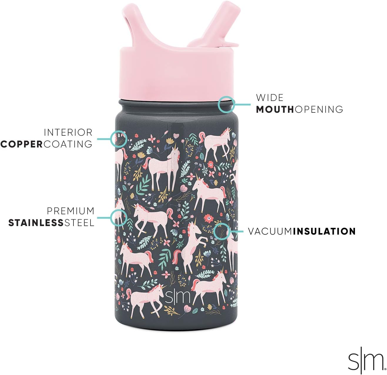 Simple Modern - Botella de agua infantil con tapa con pajilla, vaso térmico de acero inoxidable reutilizable para niños pequeños y niñas, colección Summit, 14 onzas