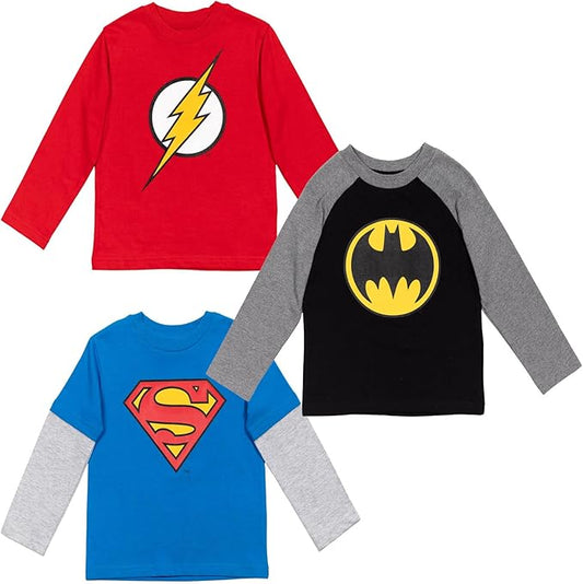 DC Comics Liga de la Justicia Batman Superman The Flash Paquete de 3 camisetas de manga larga