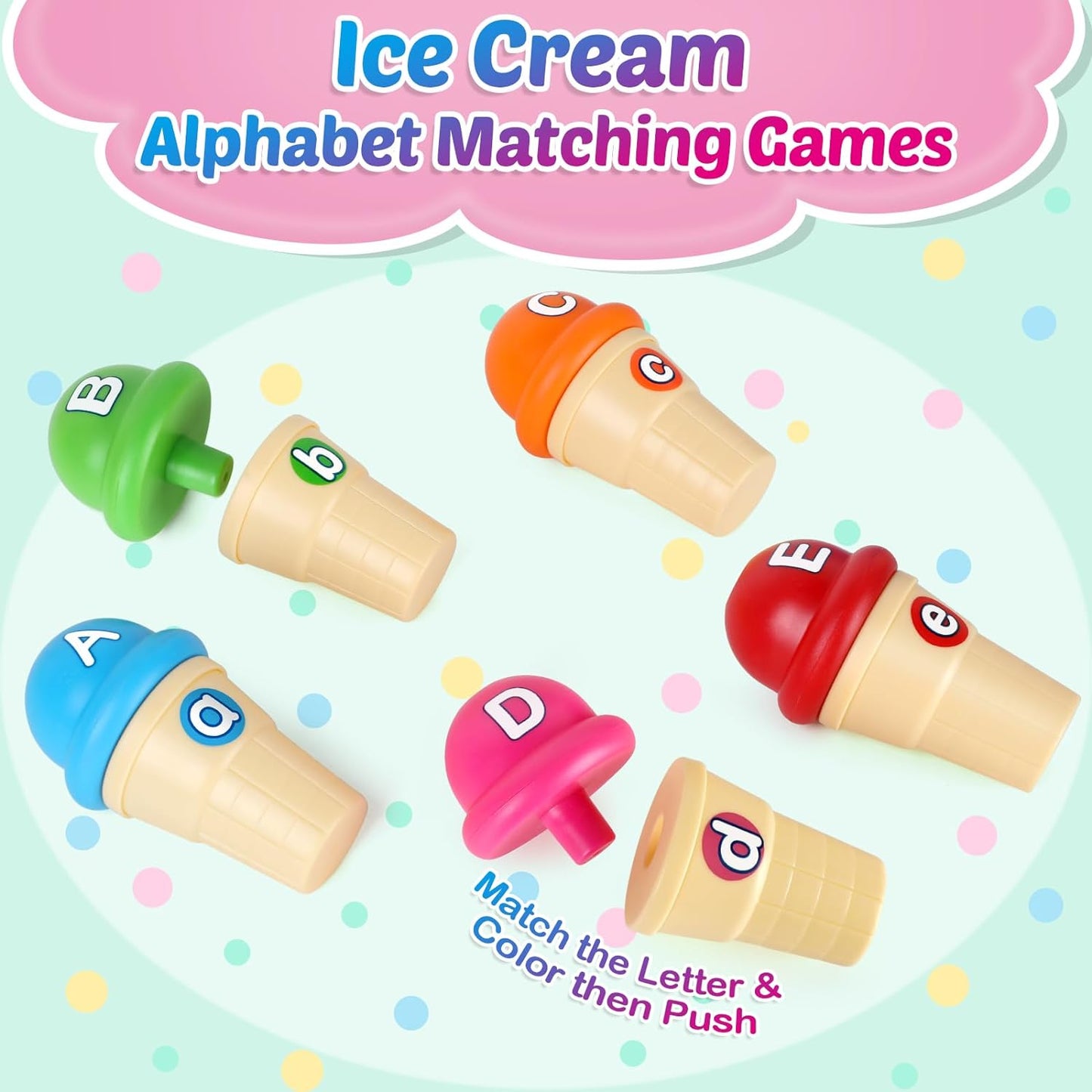 Juego de juguetes de helado de aprendizaje del alfabeto, juguete de aprendizaje para niños pequeños, reconocimiento de letras ABC a juego de 26 letras