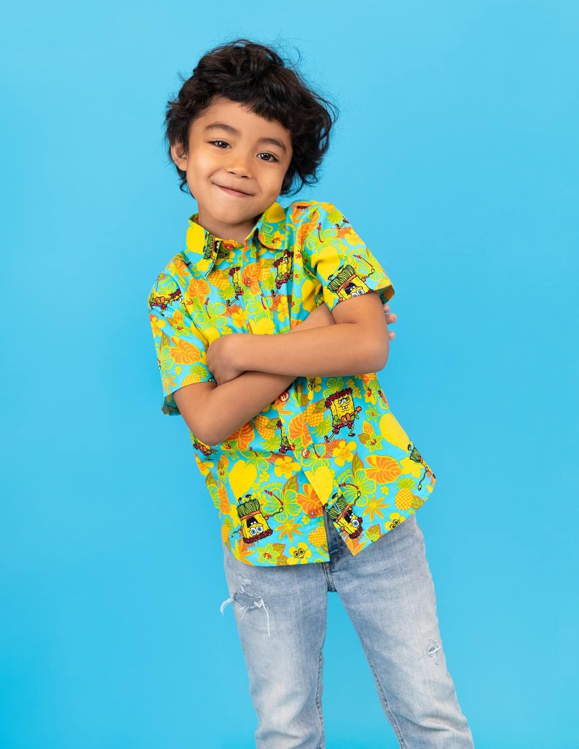 Bob Esponja Camisa hawaiana de manga corta con botones para niños