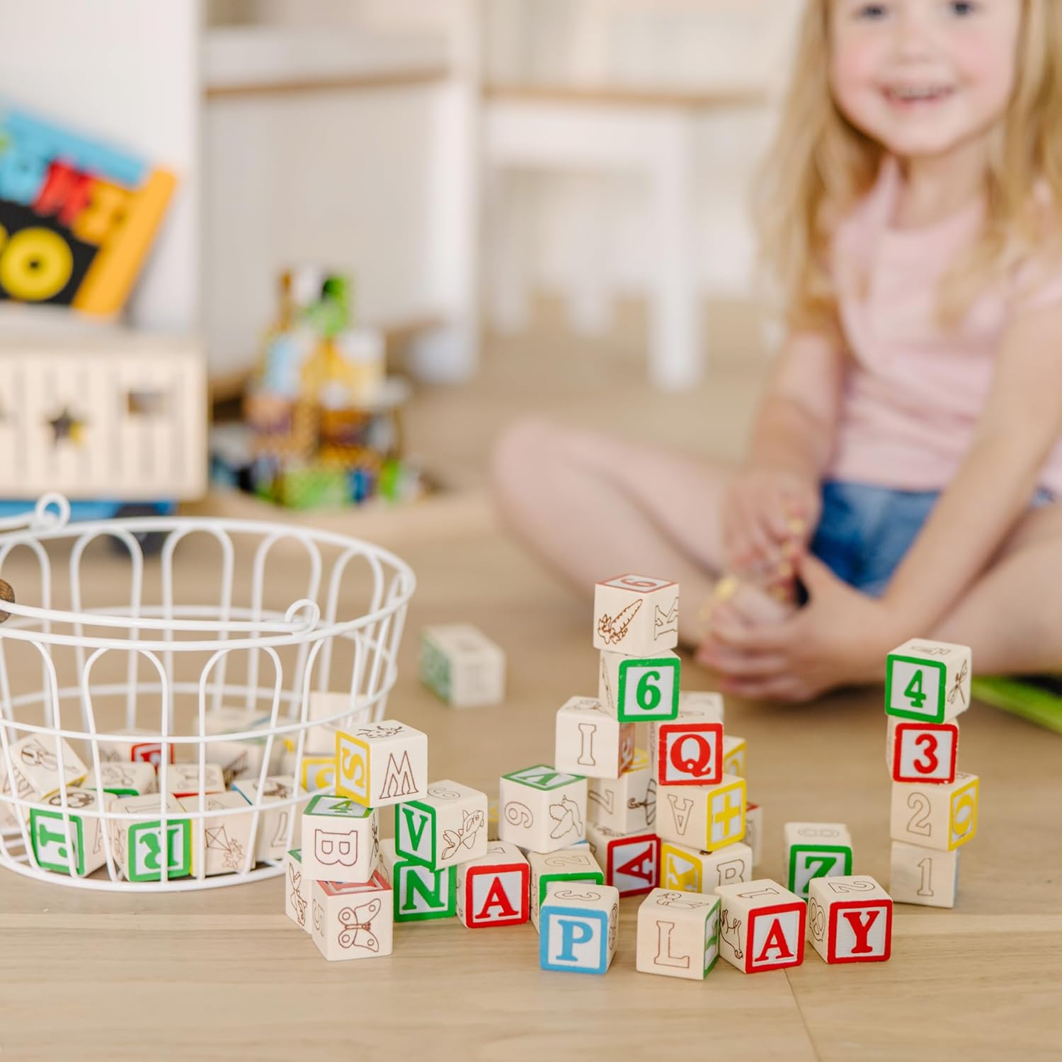 Melissa & Doug Deluxe ABC/123 Juego de bloques de 1 pulgada con bolsa de almacenamiento (50 piezas) - Letras y números/Bloques de madera clásicos ABC 