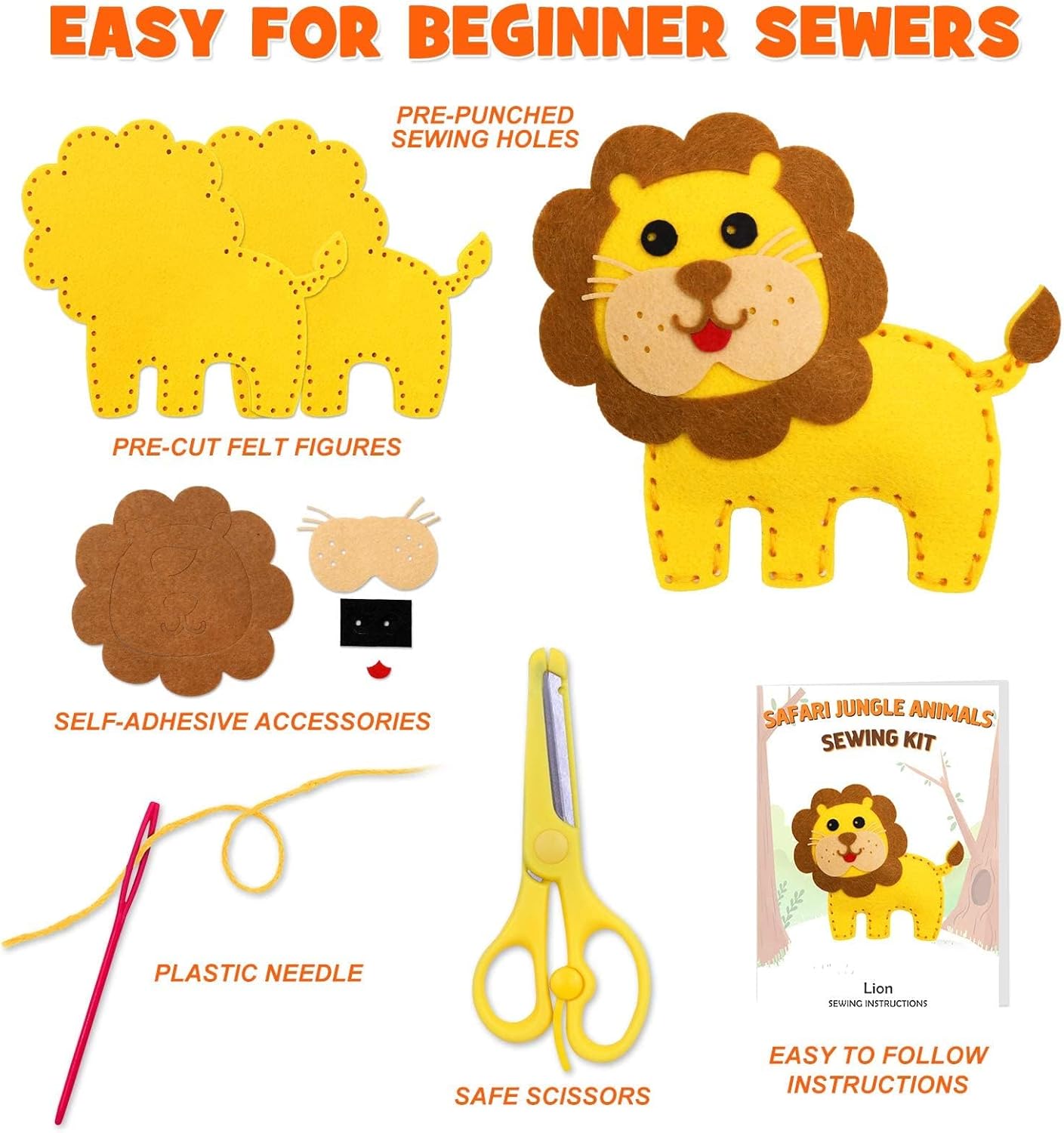 Safari Jungle Animals Sewing Craft Kit DIY Kids Craft and Sew Set for 7 8 9 10 11 12Girls and Boys Educational Beginners Sewing Stuffed Animal Felt Plush Ornaments Set of 14