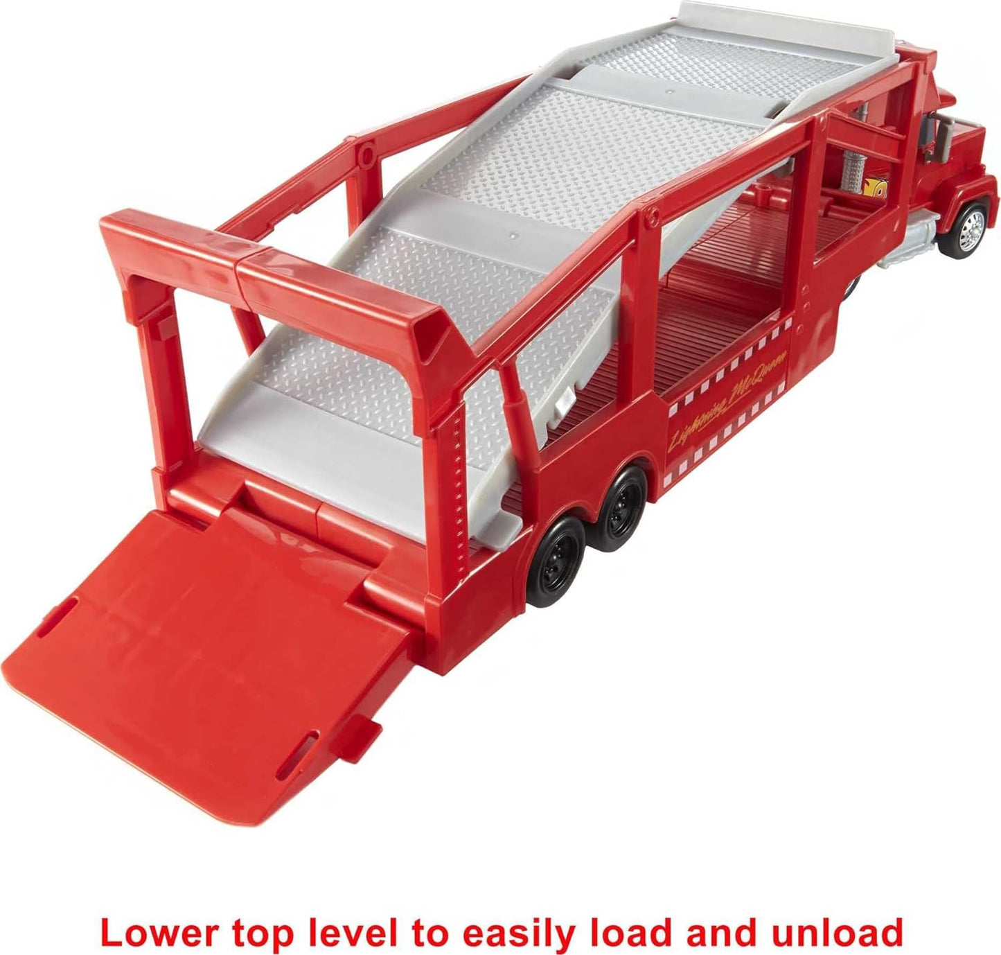 Mattel Disney and Pixar Cars Mack Hauler, camión transportador de juguetes de 13 pulgadas con rampa y almacenamiento de transporte para 12 vehículos
