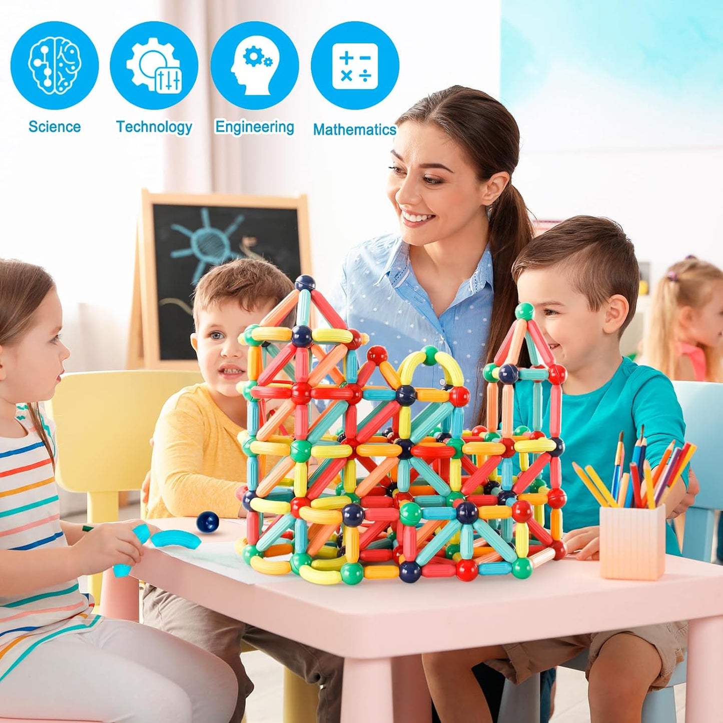 Bloques de construcción magnéticos, juguete educativo STEM para niños, palos y bolas de aprendizaje Montessori