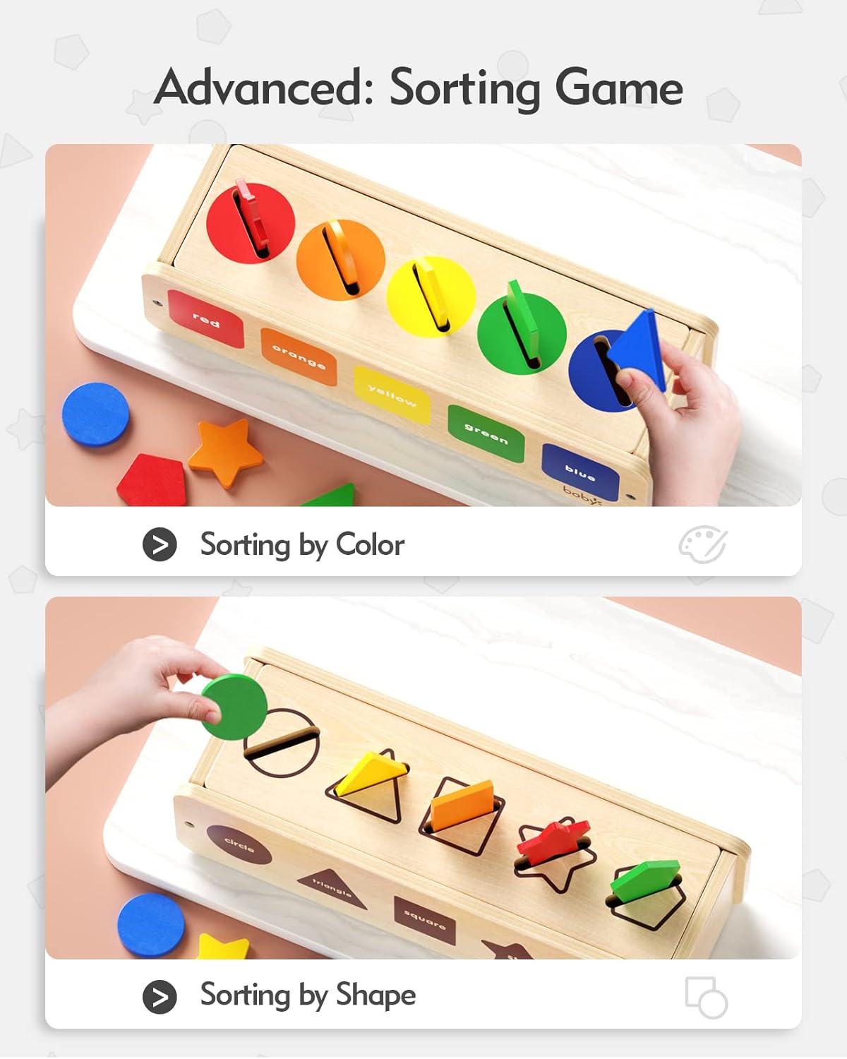 Boby Montessori Sorting Toys for Toddlers 1-3 Year Old, Wooden Color & Shape Sorter Box for Boy Girl Kids Birthday Gifts, Toddler Sensory Learning & Education Toys Age 1-2-3-4 Baby 12-18 Months