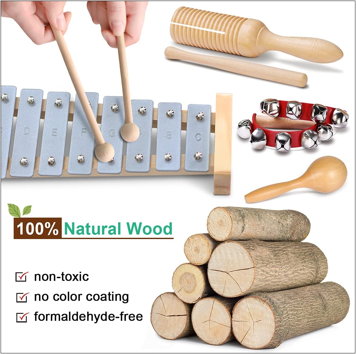 Toddler Musical Instruments International Natural Wooden Music Set for Toddlers and Kids - Eco Friendly Preschool Educational Musical Toys with Storage Bag