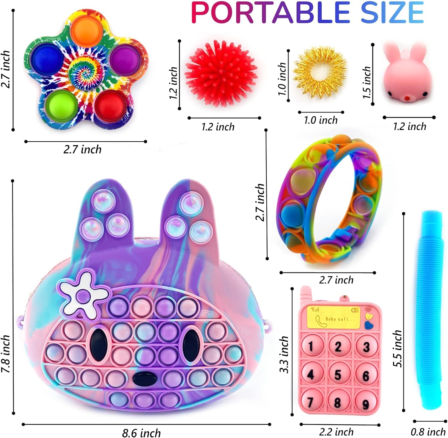 Paquete de bolsas cruzadas con burbujas para presionar, bolsa de hombro de conejo, mini juguetes sensoriales