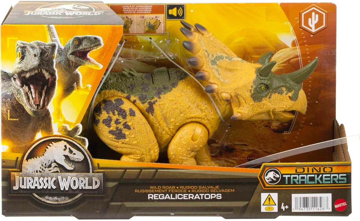 Mattel Jurassic World - Juguete de dinosaurio rugido salvaje con sonido y movimiento de ataque, figura de acción Regaliceratops Posable