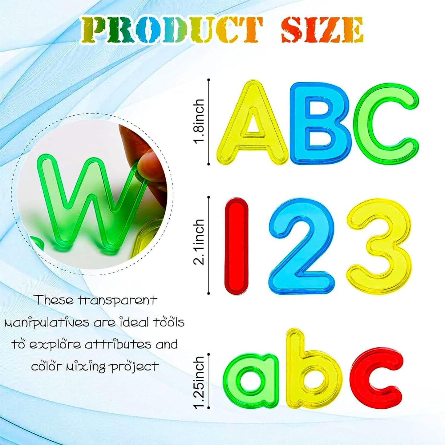Juego de práctica de plástico de 67 piezas, letras y números transparentes, incluye letras mayúsculas, letras minúsculas y números, letras y números de plástico coloridos para contar y ortografía