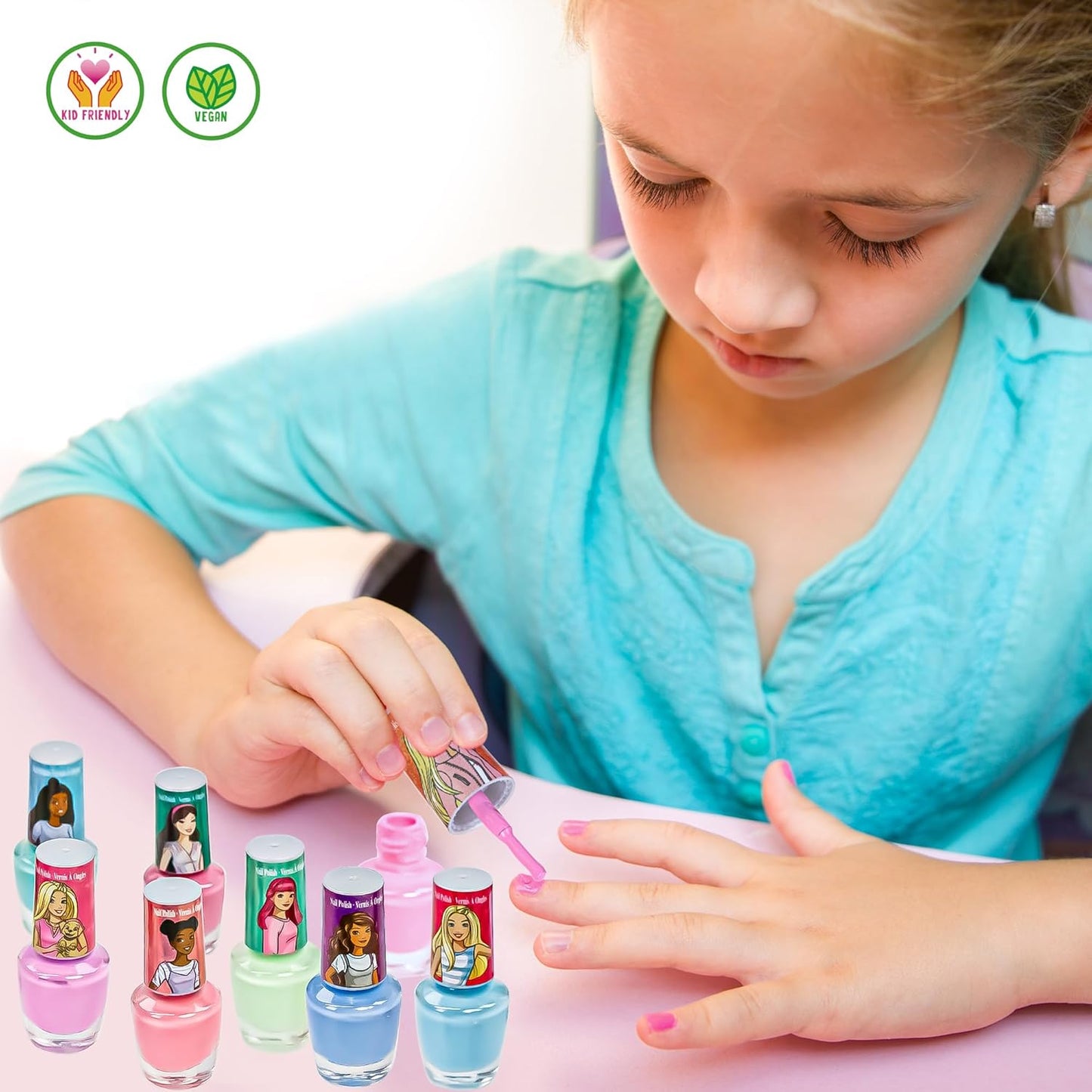 Barbie - Juego de esmaltes de uñas seguros a base de agua no tóxicos con secador de uñas 