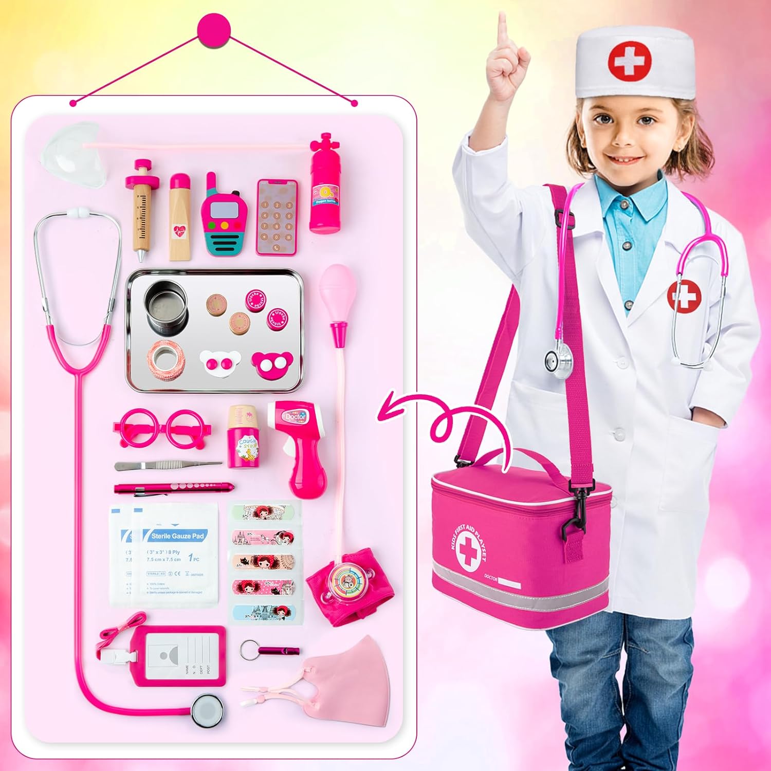 Kit de médico para niños y niñas, 34 piezas para niños pequeños de 3 a 5 años con bolsa de almacenamiento médico y estetoscopio real, juego de doctor para juegos de rol, juego de doctor para niños