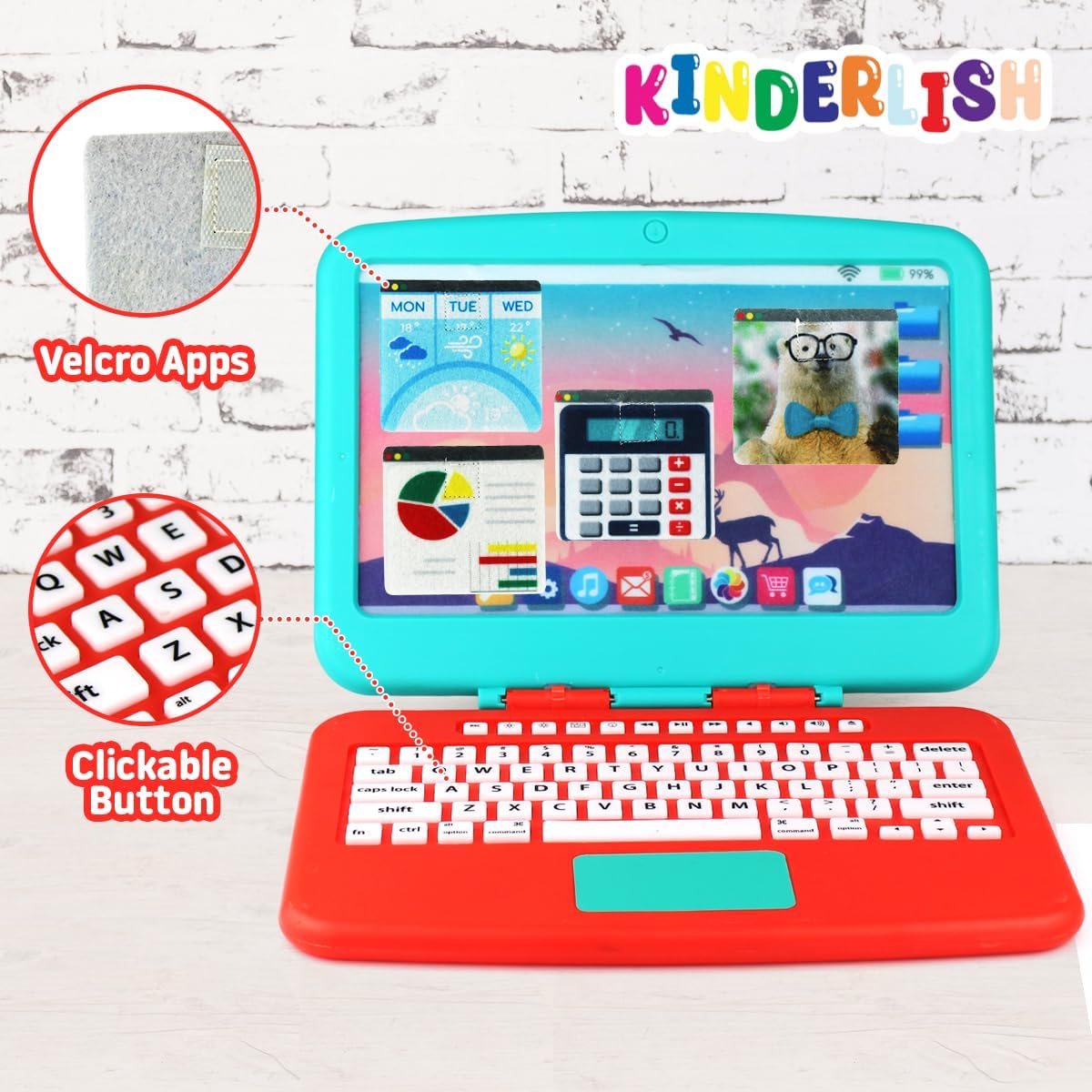 Toy Laptop Set - Toddler Pretend Work Station Set Office Play, Kids Work Toys from Home Office, Package Includes Fake Laptop, 4 Velcro App Stickers, Toy Cell Phone, Coffee Cup, and Headset Ages 3 & Up