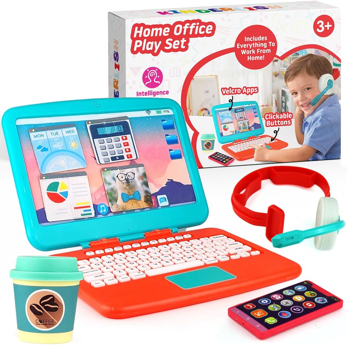 Toy Laptop Set - Toddler Pretend Work Station Set Office Play, Kids Work Toys from Home Office, Package Includes Fake Laptop, 4 Velcro App Stickers, Toy Cell Phone, Coffee Cup, and Headset Ages 3 & Up