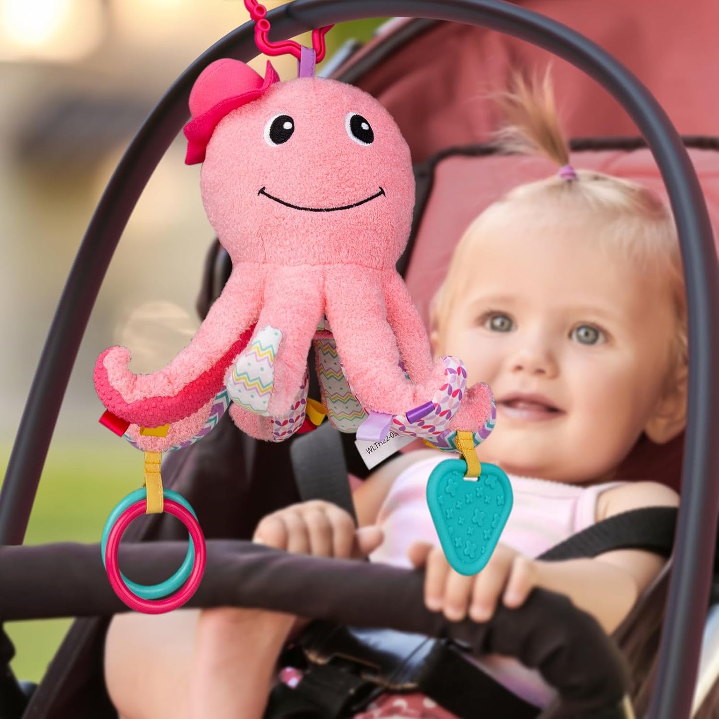 Infant Baby Girls Musical Stuffed Animal Activity Soft Toys with Multi-Sensory Crinkle, Mirror, Rattle and Textures for 0-3-6-12 Months Developmental Toys, Octopus,Pink