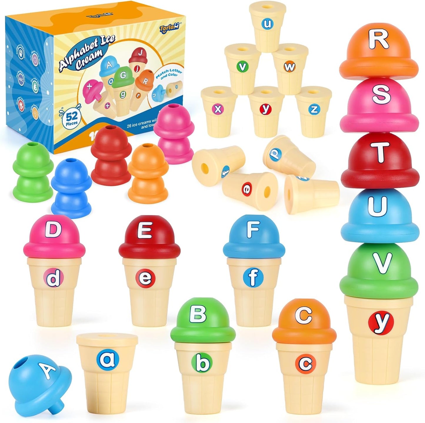 Juego de juguetes de helado de aprendizaje del alfabeto, juguete de aprendizaje para niños pequeños, reconocimiento de letras ABC a juego de 26 letras