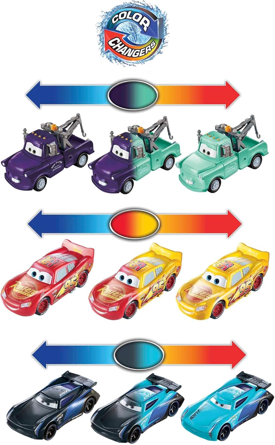 Mattel Disney y Pixar Cars Juguetes, cambiadores de color, paquete de 3 vehículos 