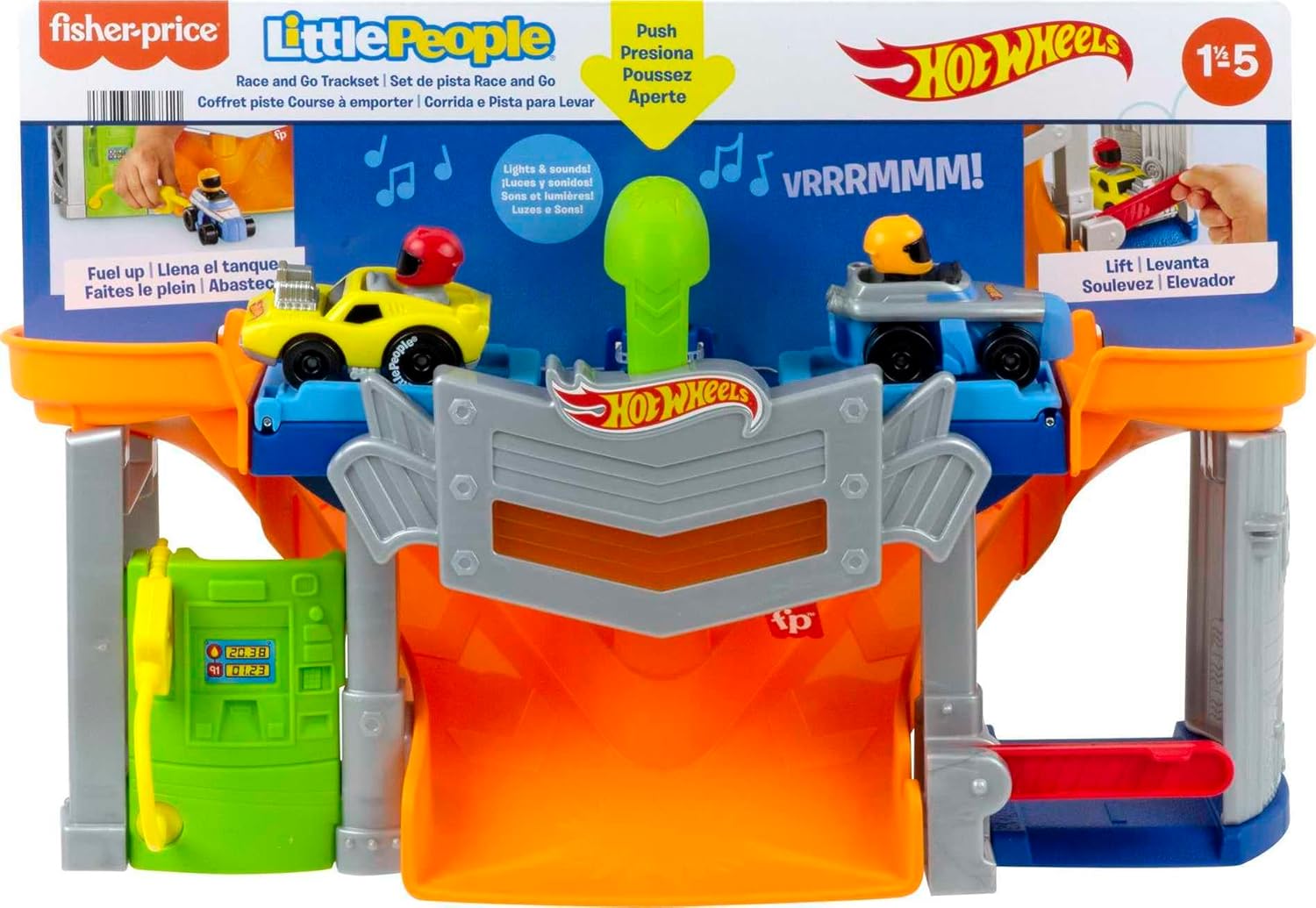 Fisher-Price Little People Hot Wheels - Juego de carreras y pista de Go con luces y 2 autos para juegos de simulación