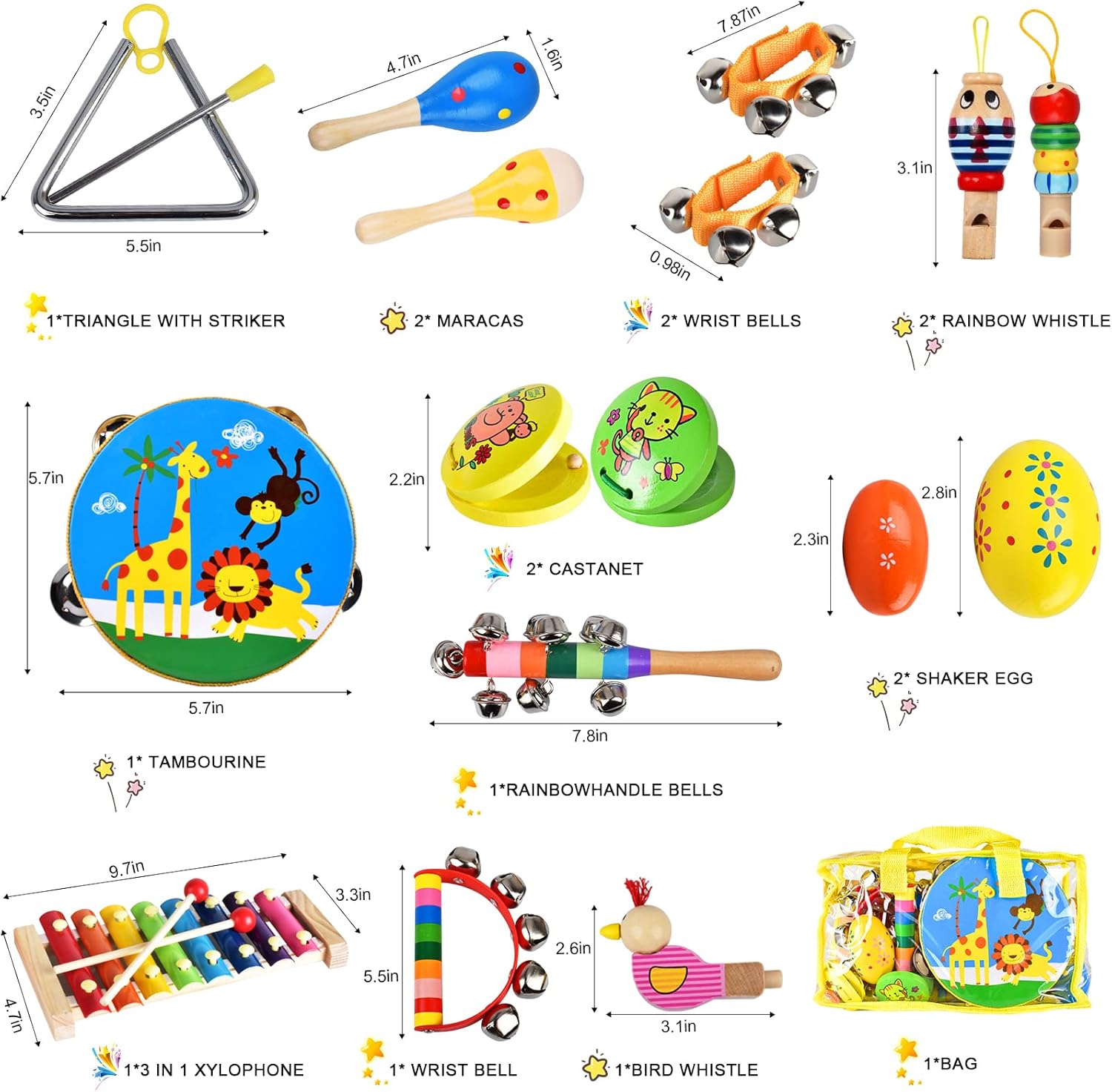 Juego de instrumentos musicales para niños, 20 piezas de agitadores de madera, instrumentos de percusión, pandereta, juguetes de xilófono