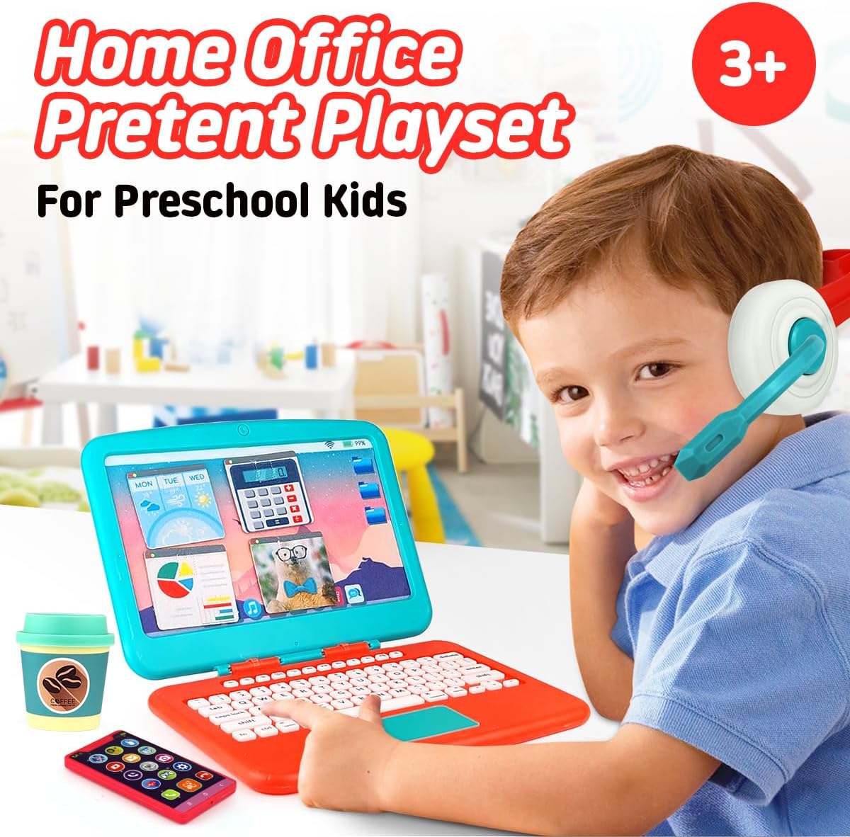 Toy Laptop Set - Toddler Pretend Work Station Set Office Play, Kids Work Toys from Home Office, Package Includes Fake Laptop, 4 Velcro App Stickers, Toy Cell Phone, Coffee Cup, and Headset Ages 3 & Up