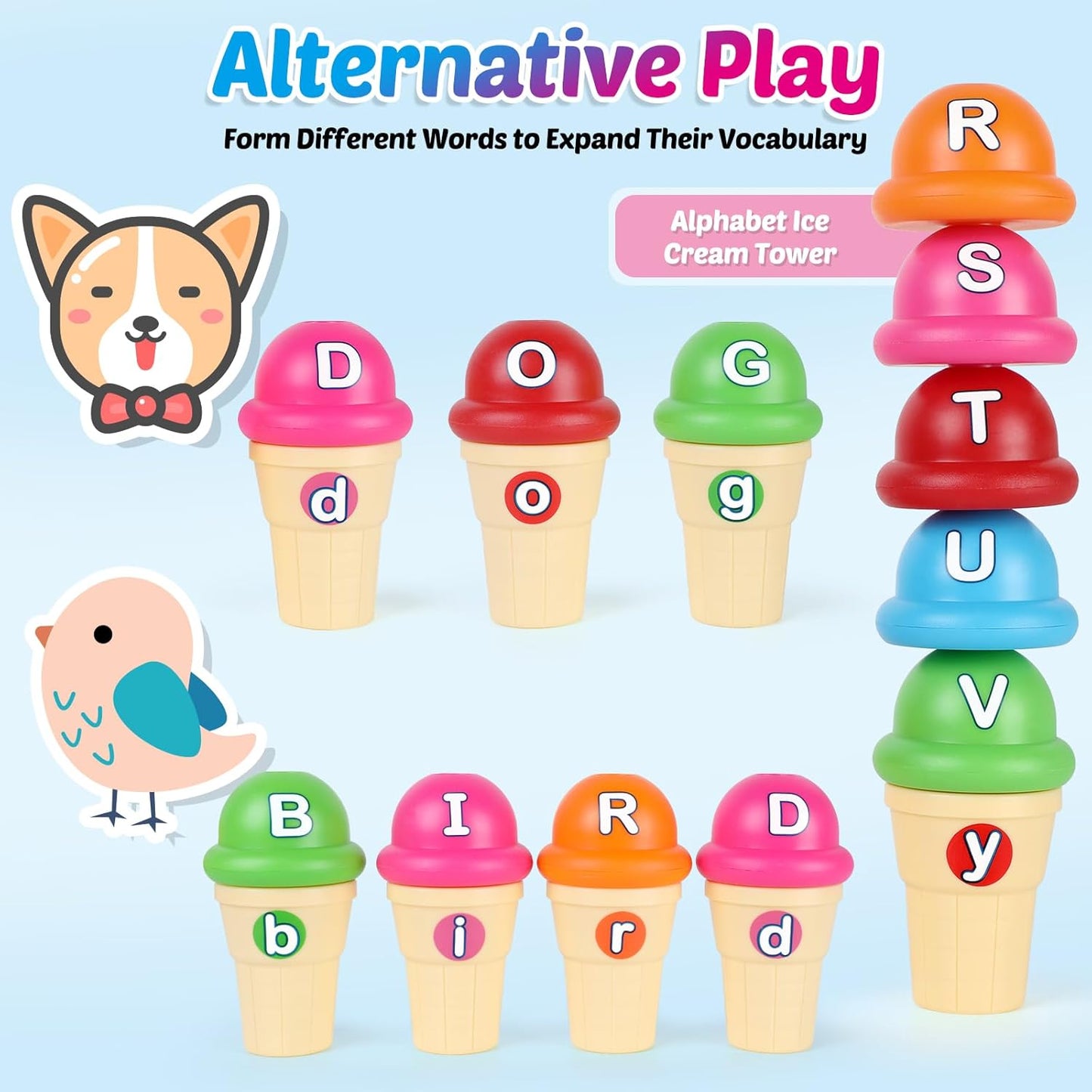 Juego de juguetes de helado de aprendizaje del alfabeto, juguete de aprendizaje para niños pequeños, reconocimiento de letras ABC a juego de 26 letras